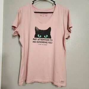 Women's Life is Good Pay Attention To Me Ignoring You Cat Pink Large T Shirt